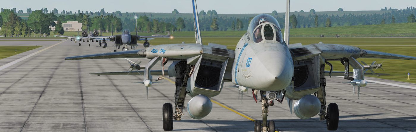 F-14 在跑道上與其他機型排隊等待起飛的畫面