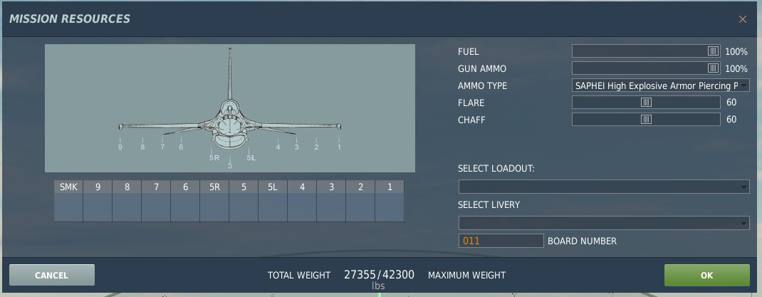 DCS 掛彈/加油(Mission Resources)視窗截圖